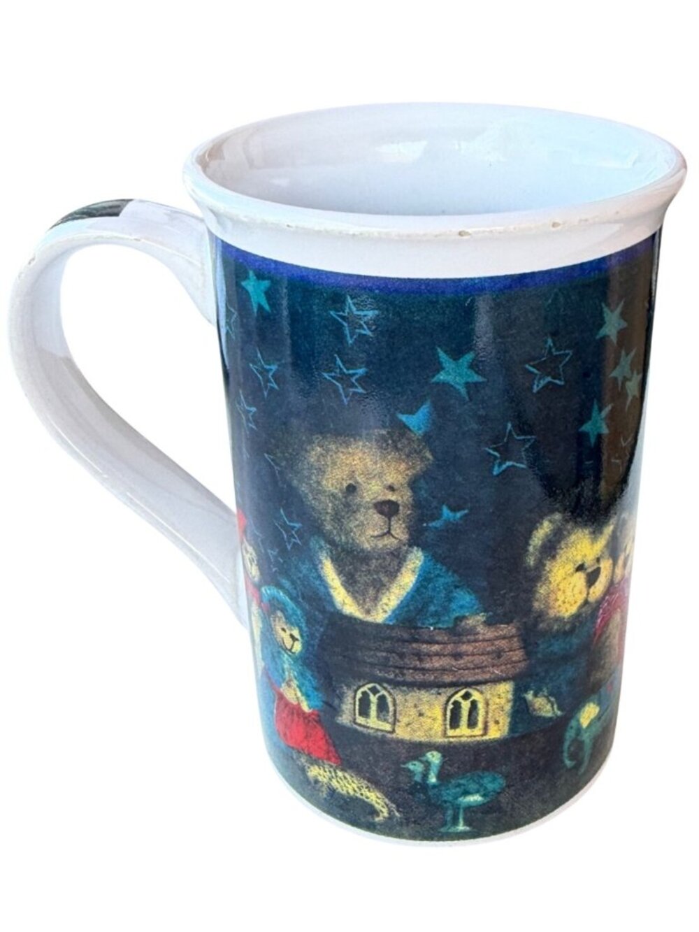 VINTAGE Holiday Bears Night Scene 12 oz. Ceramic Mug Cup 4.65" Tall (READ)
